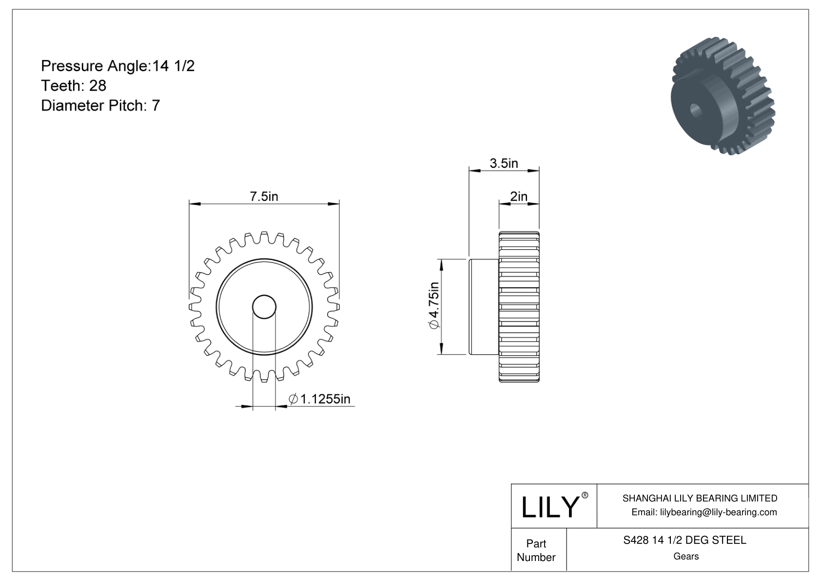 S428 14 1/2 DEG STEEL Engranajes rectos cad drawing