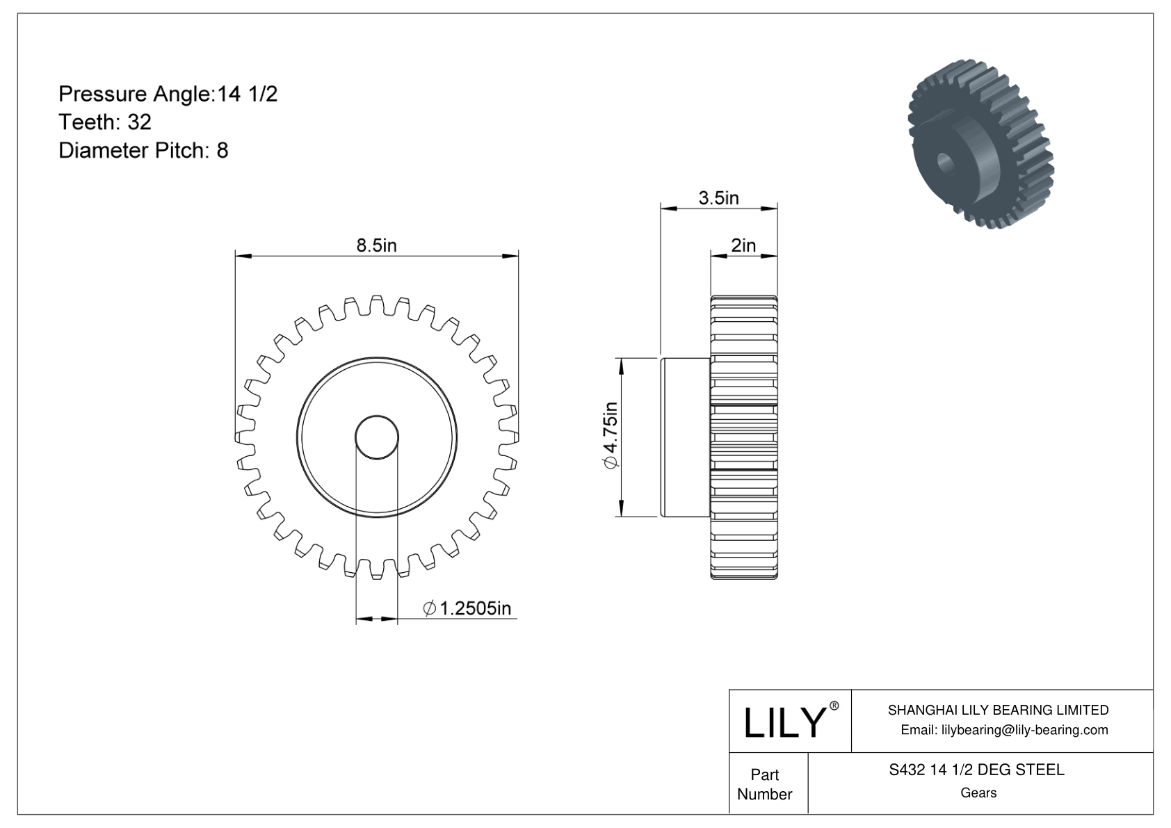 S432 14 1/2 DEG STEEL Engranajes rectos cad drawing