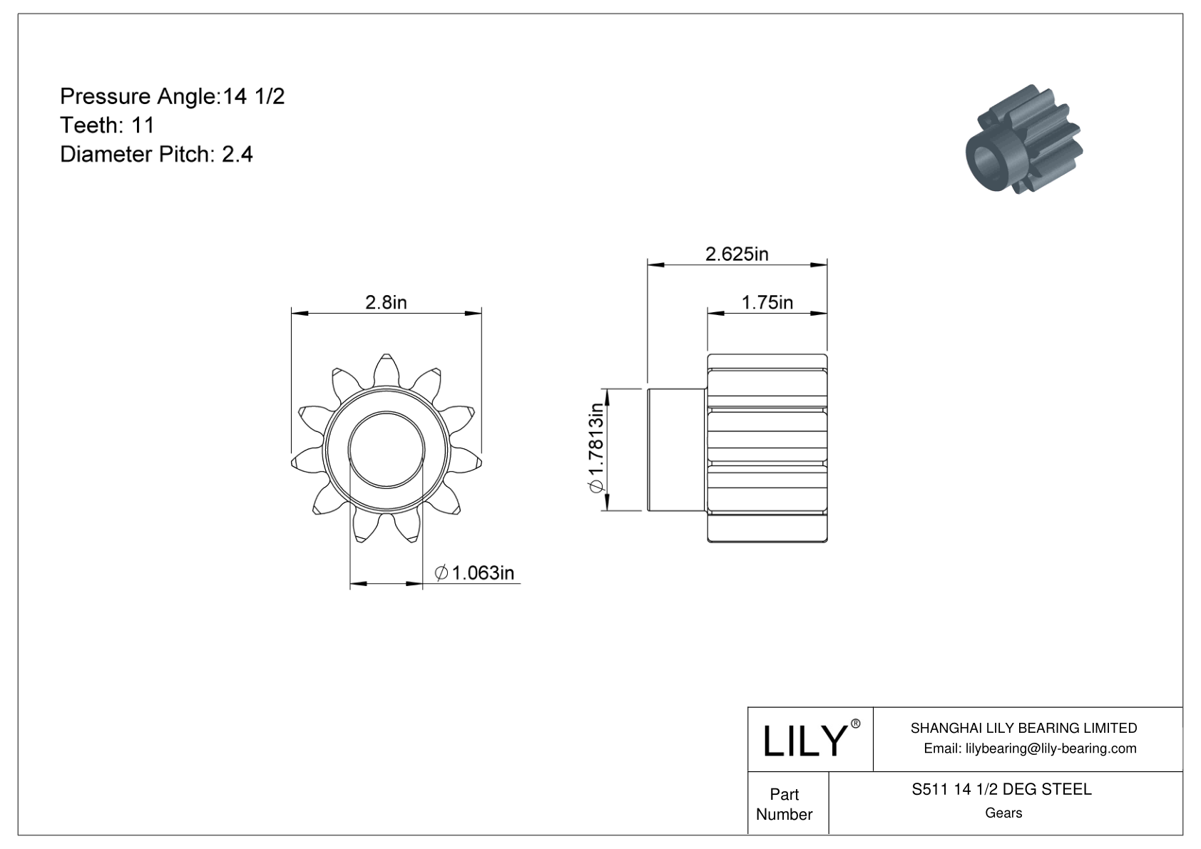 S511 14 1/2 DEG STEEL 正齿轮 cad drawing