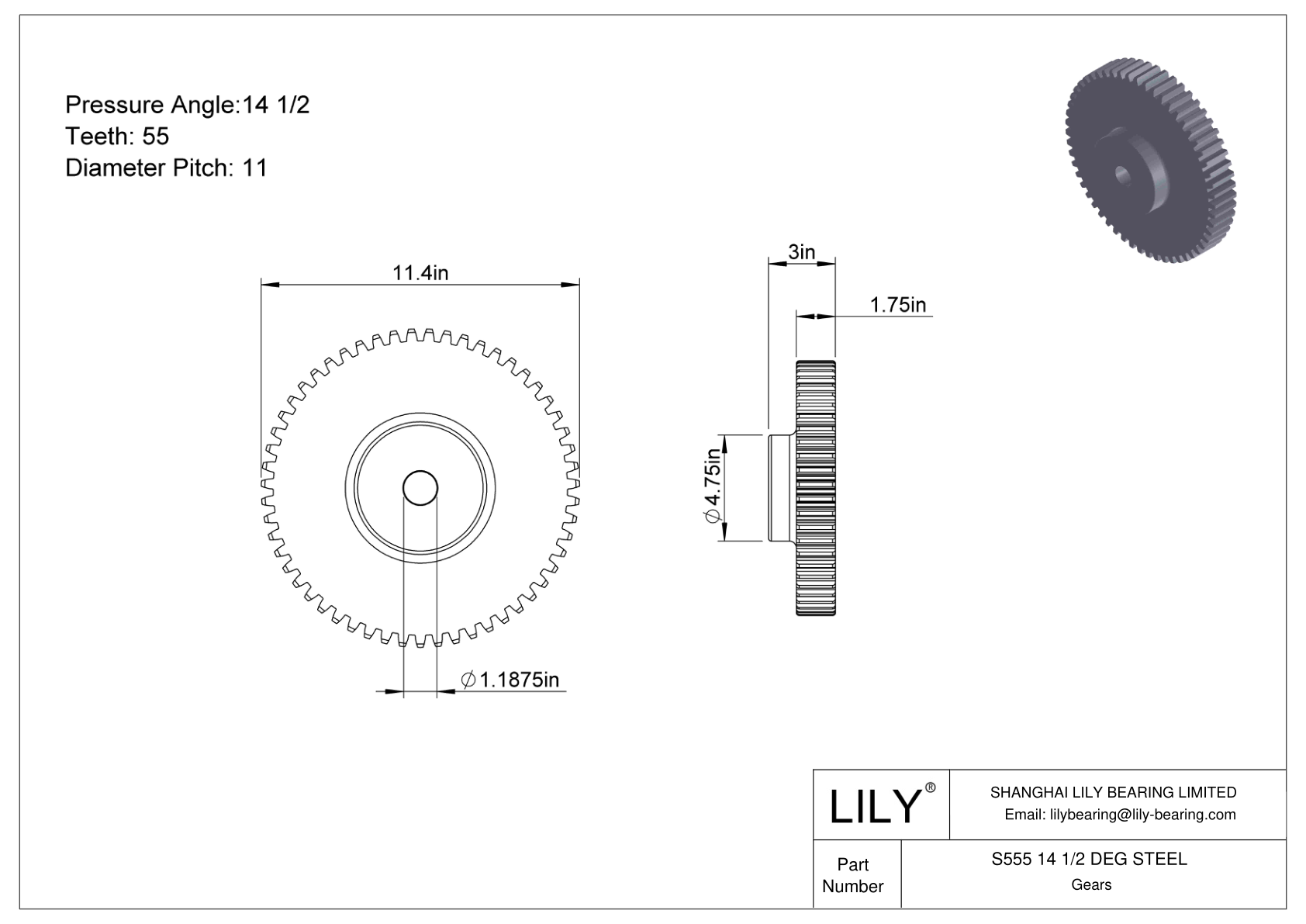 S555 14 1/2 DEG STEEL Engranajes rectos cad drawing