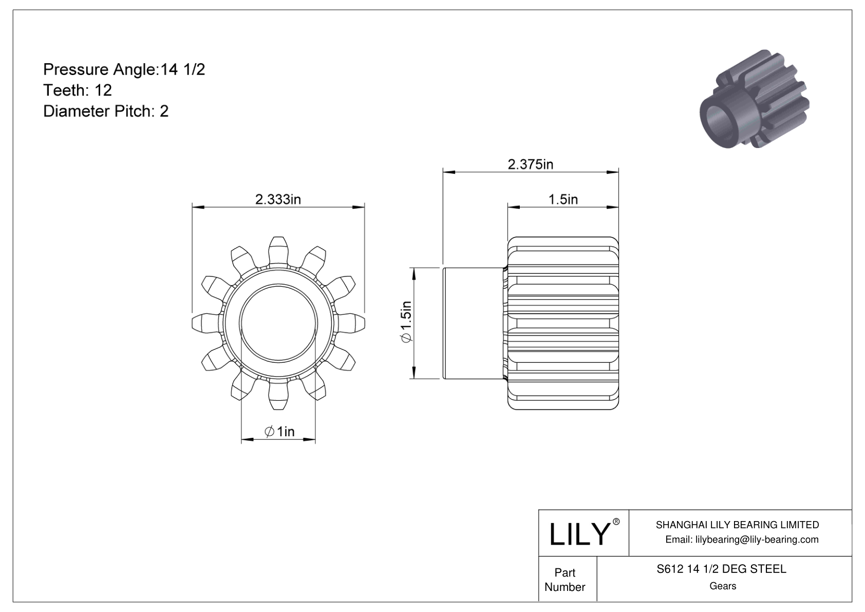 S612 14 1/2 DEG STEEL 正齿轮 cad drawing