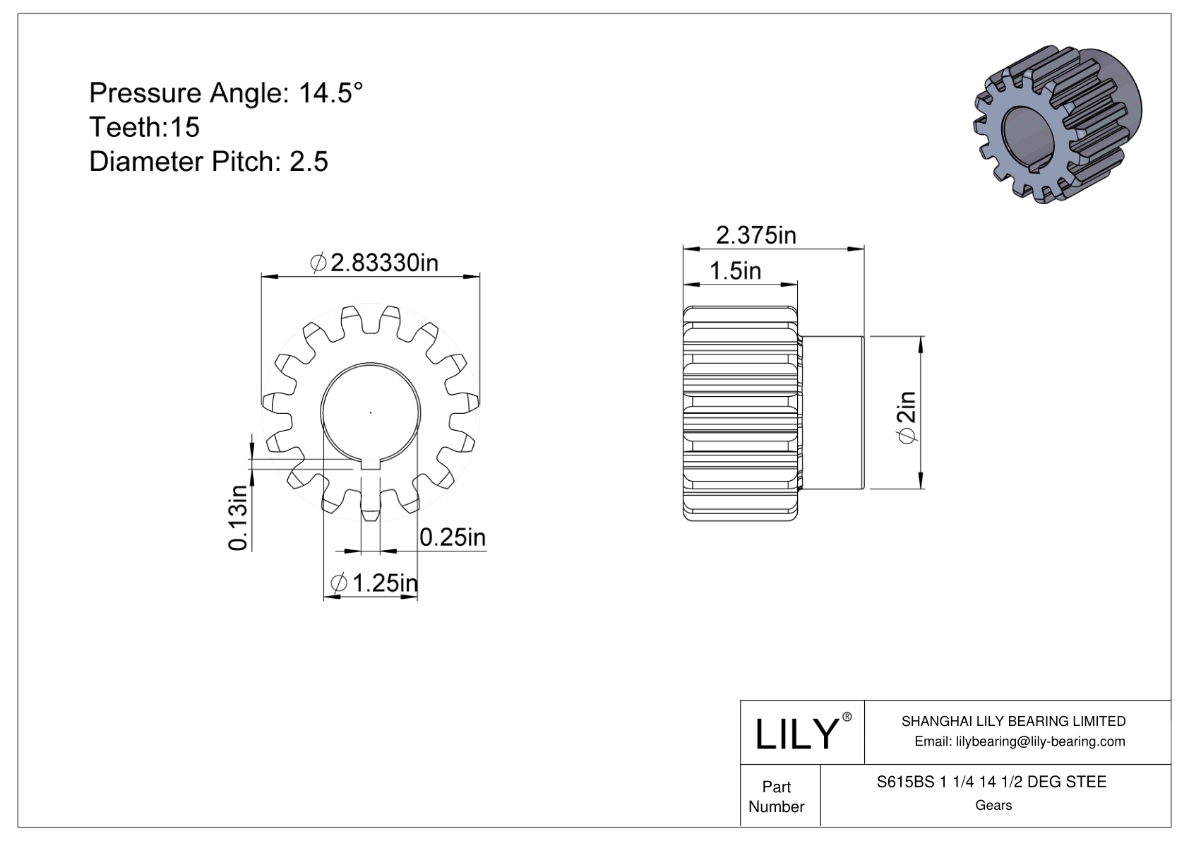 S615BS 1 1/4 14 1/2 DEG STEE 正齿轮 cad drawing