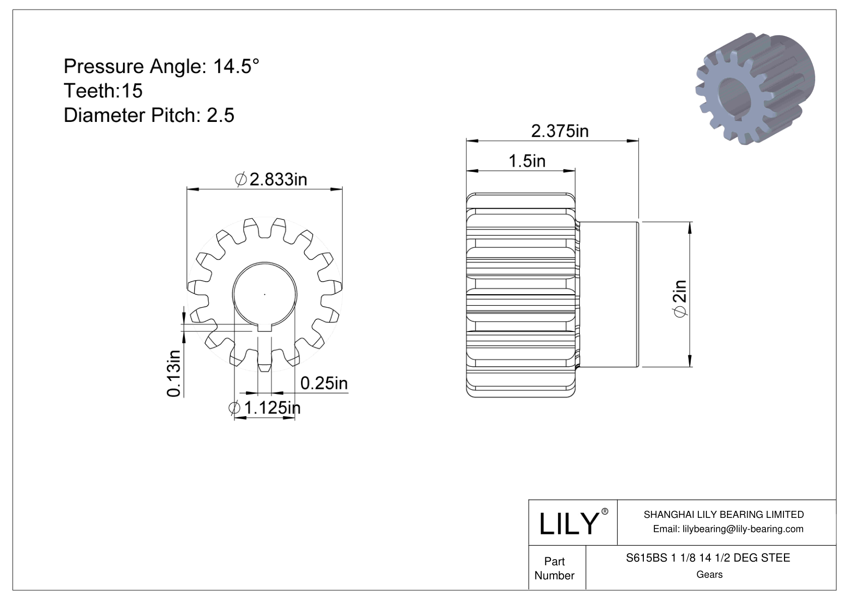 S615BS 1 1/8 14 1/2 DEG STEE Engranajes rectos cad drawing