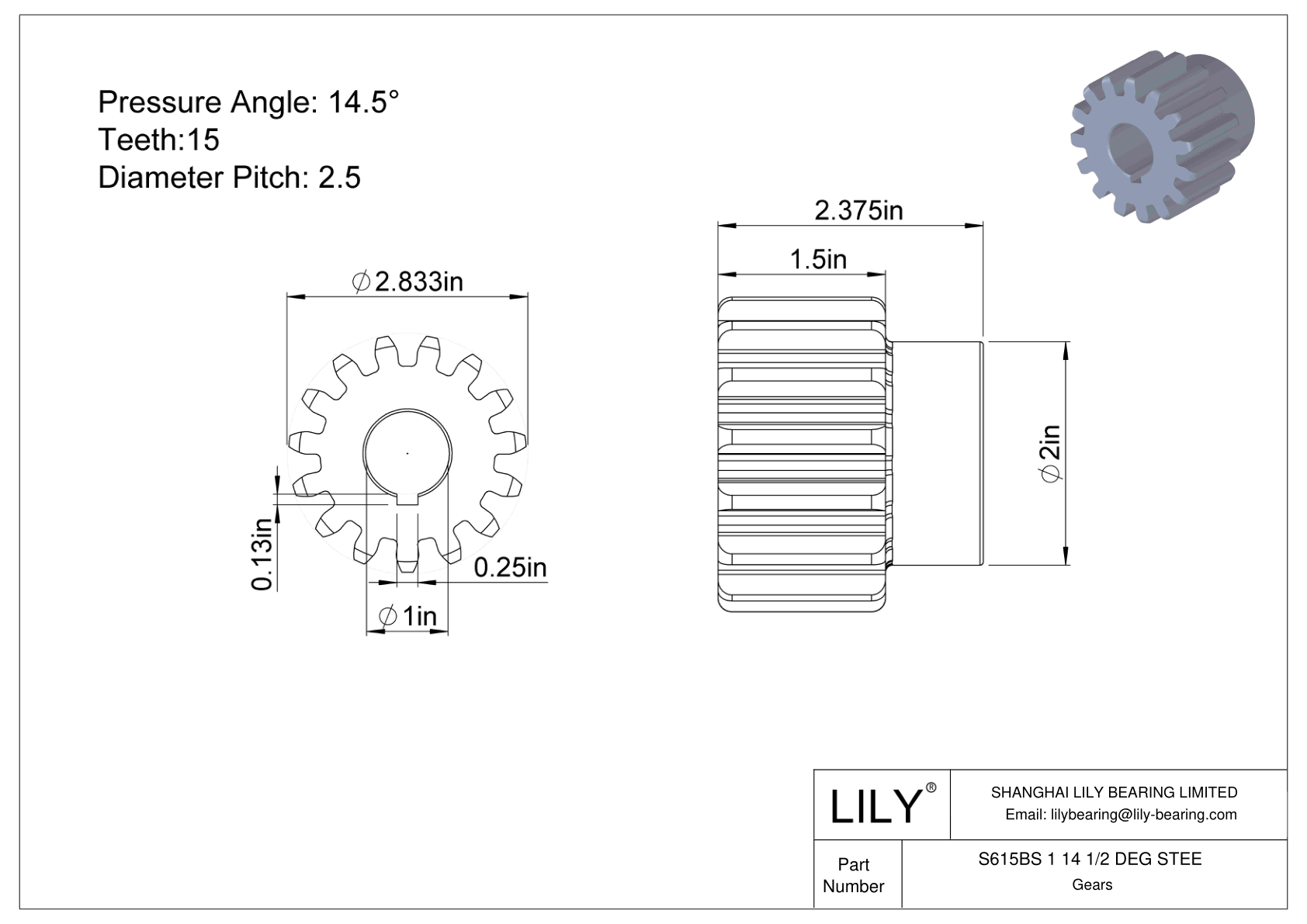 S615BS 1 14 1/2 DEG STEE Spur Gears cad drawing