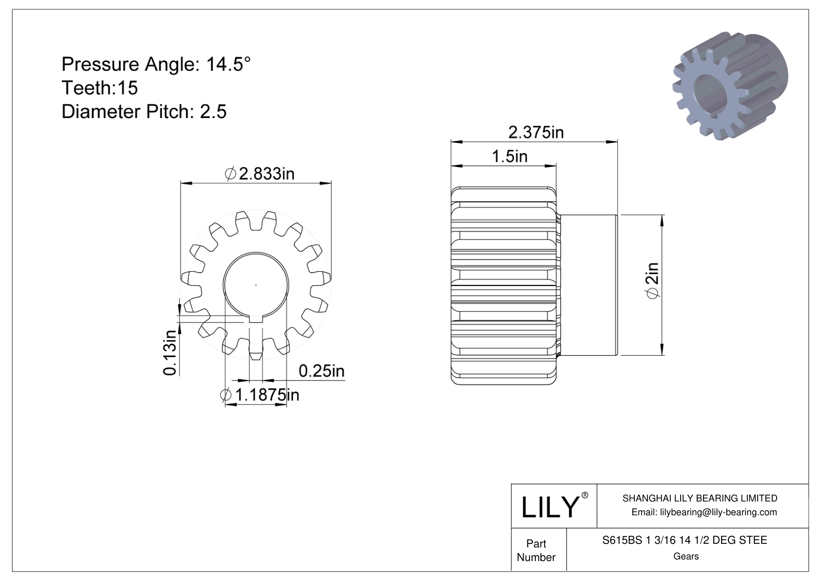 S615BS 1 3/16 14 1/2 DEG STEE Engranajes rectos cad drawing