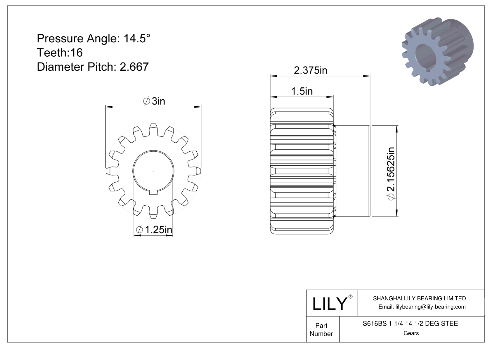 S616BS 1 1/4 14 1/2 DEG STEE 正齿轮 cad drawing