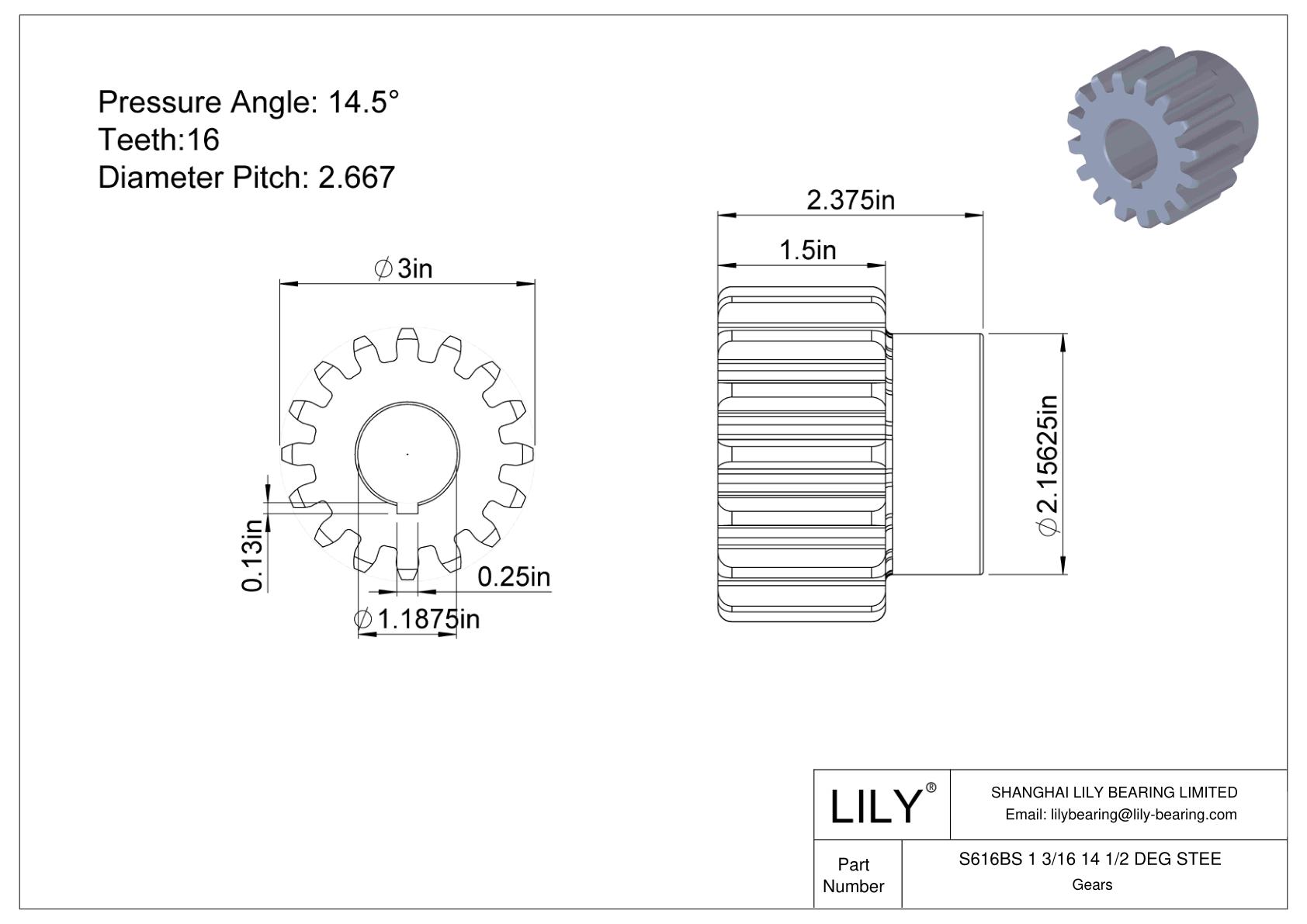 S616BS 1 3/16 14 1/2 DEG STEE 正齿轮 cad drawing