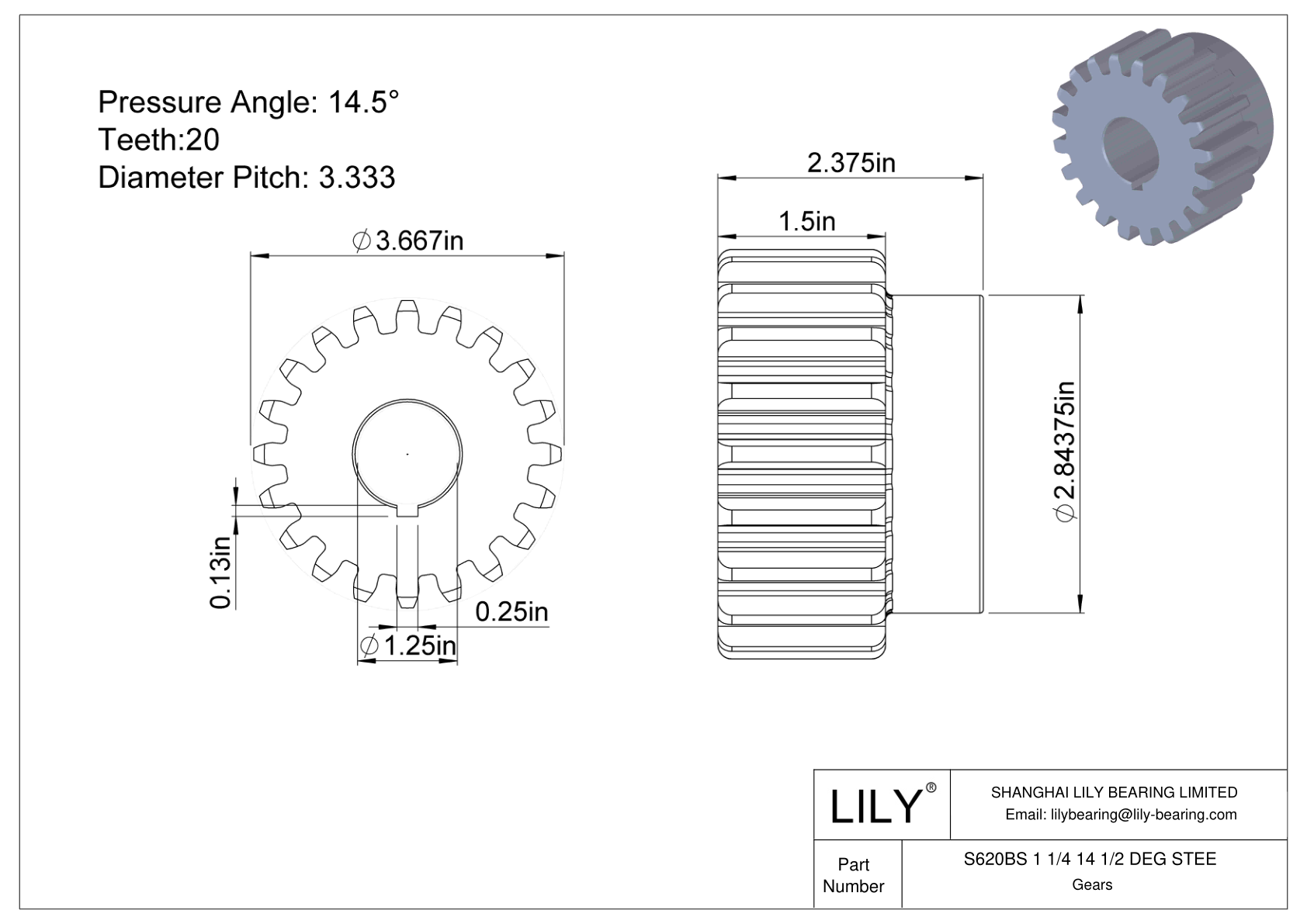 S620BS 1 1/4 14 1/2 DEG STEE 正齿轮 cad drawing