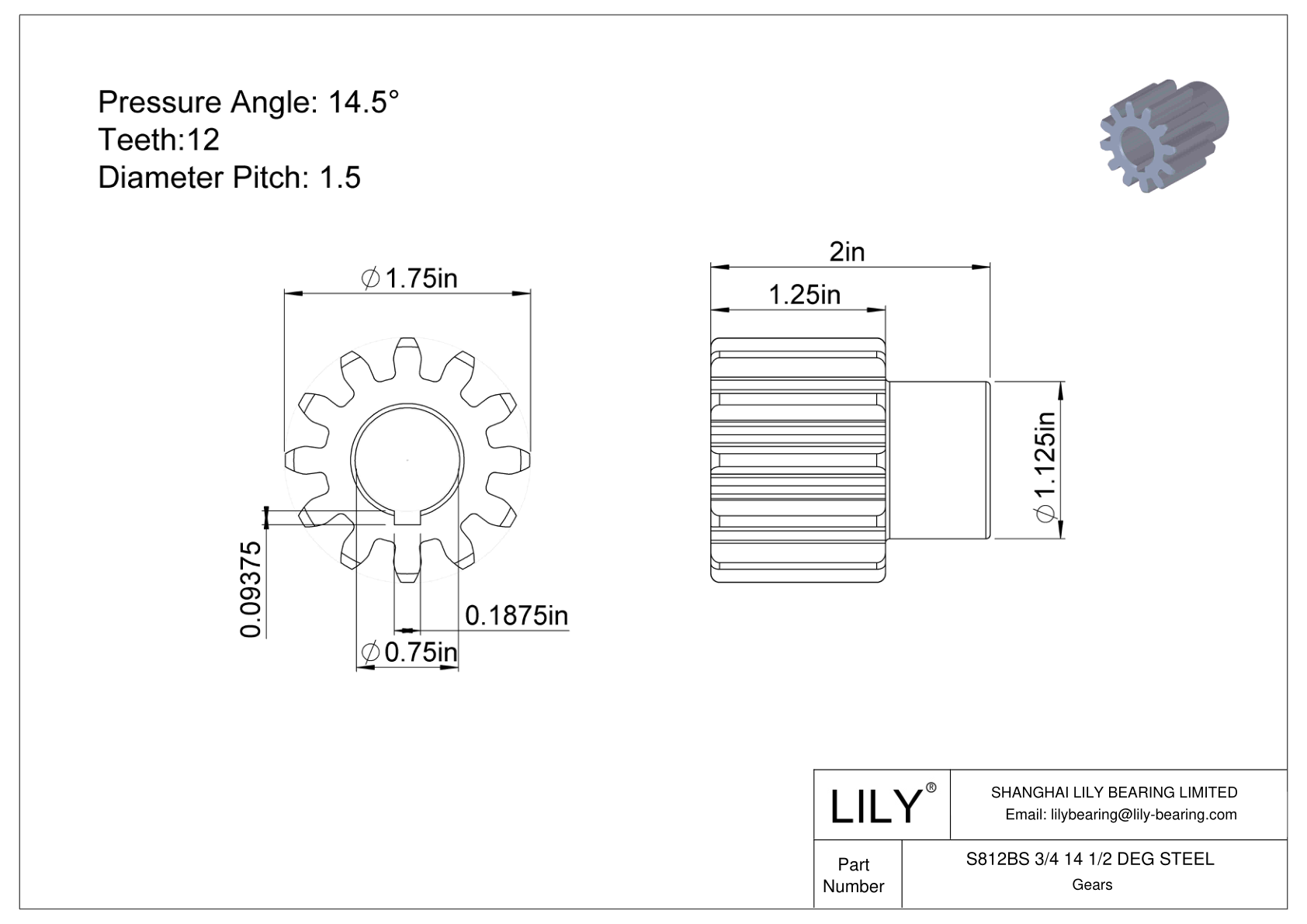 S812BS 3/4 14 1/2 DEG STEEL Engranajes rectos cad drawing