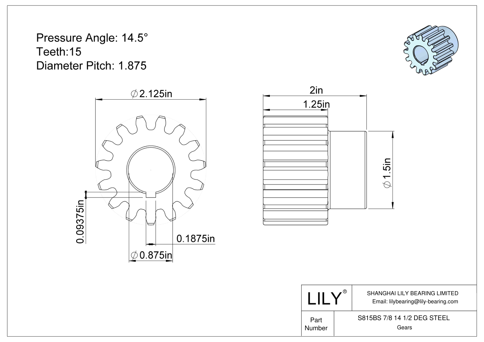 S815BS 7/8 14 1/2 DEG STEEL Engranajes rectos cad drawing