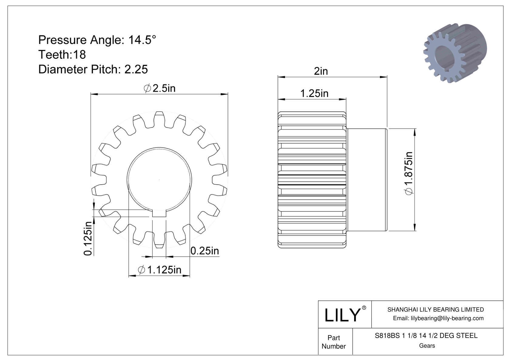 S818BS 1 1/8 14 1/2 DEG STEEL 正齿轮 cad drawing