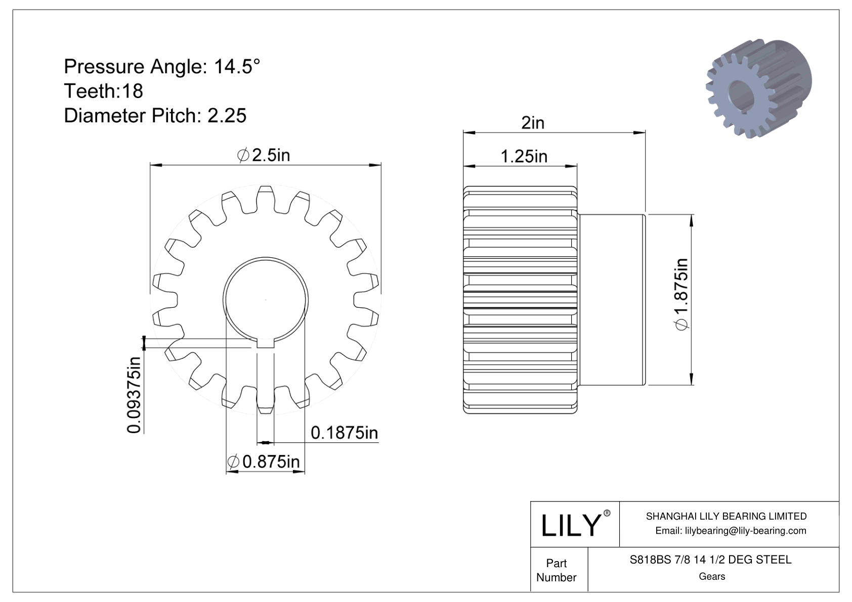 S818BS 7/8 14 1/2 DEG STEEL 正齿轮 cad drawing