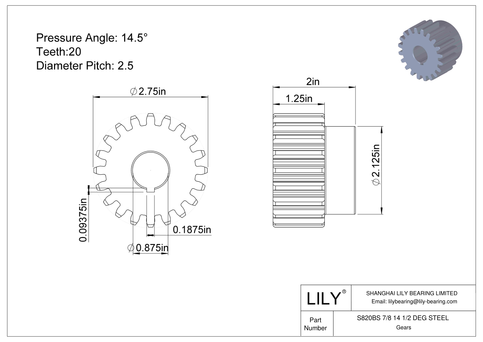 S820BS 7/8 14 1/2 DEG STEEL Engranajes rectos cad drawing