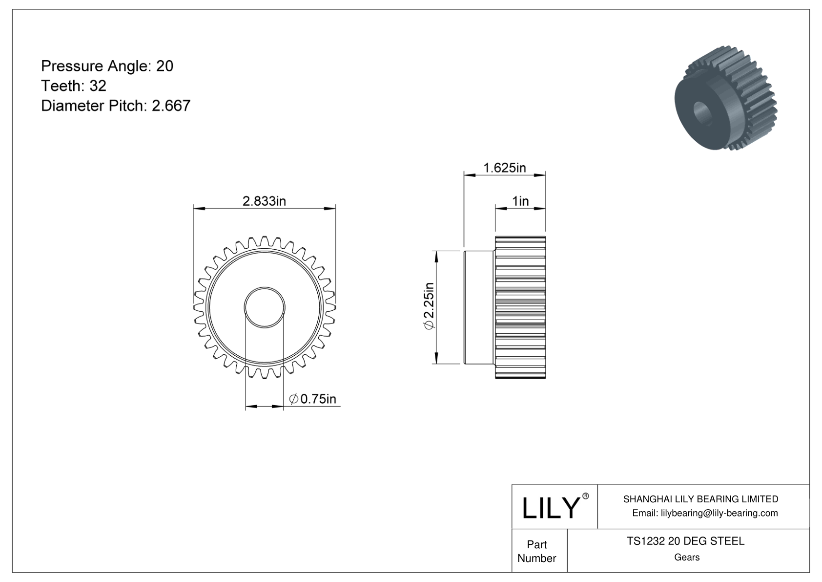 TS1232 20 DEG STEEL Engranajes rectos cad drawing