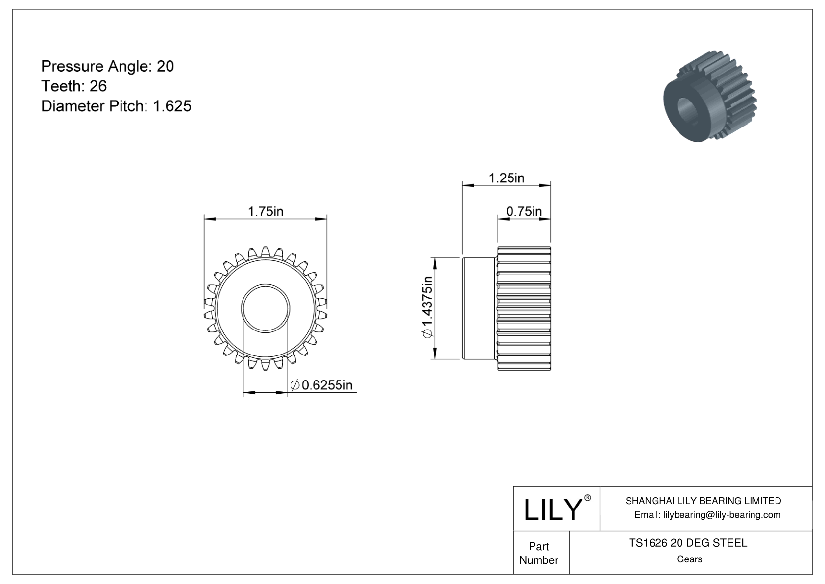 TS1626 20 DEG STEEL Engranajes rectos cad drawing