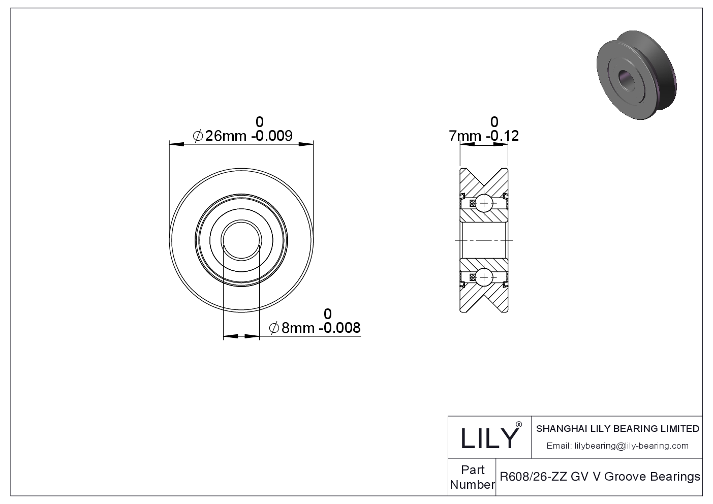 R608/26-ZZ GV V Groove Bearings cad drawing