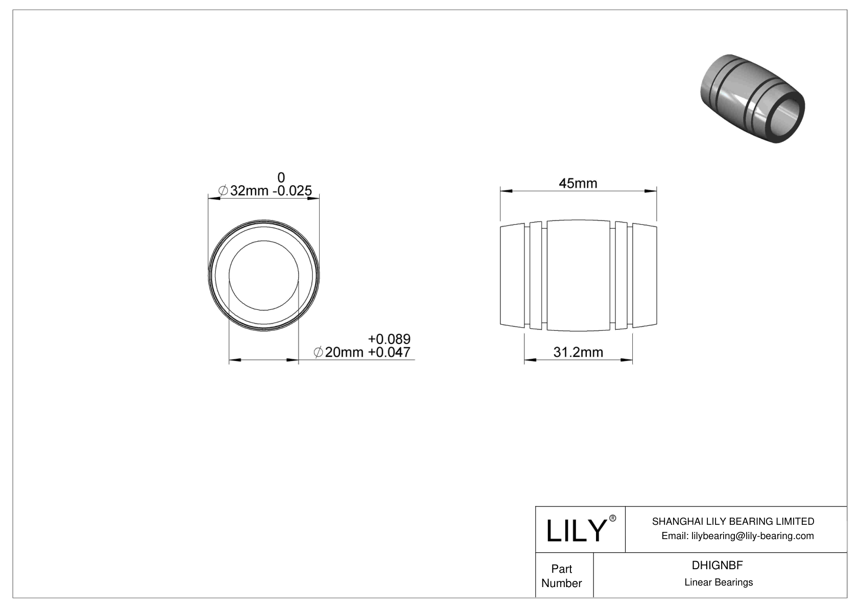 DHIGNBF Common Linear Sleeve Bearings cad drawing