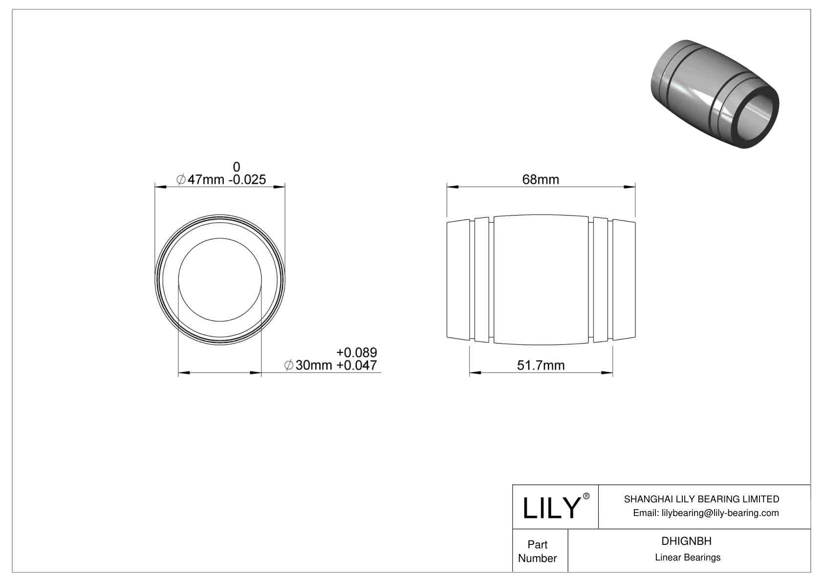 DHIGNBH Common Linear Sleeve Bearings cad drawing
