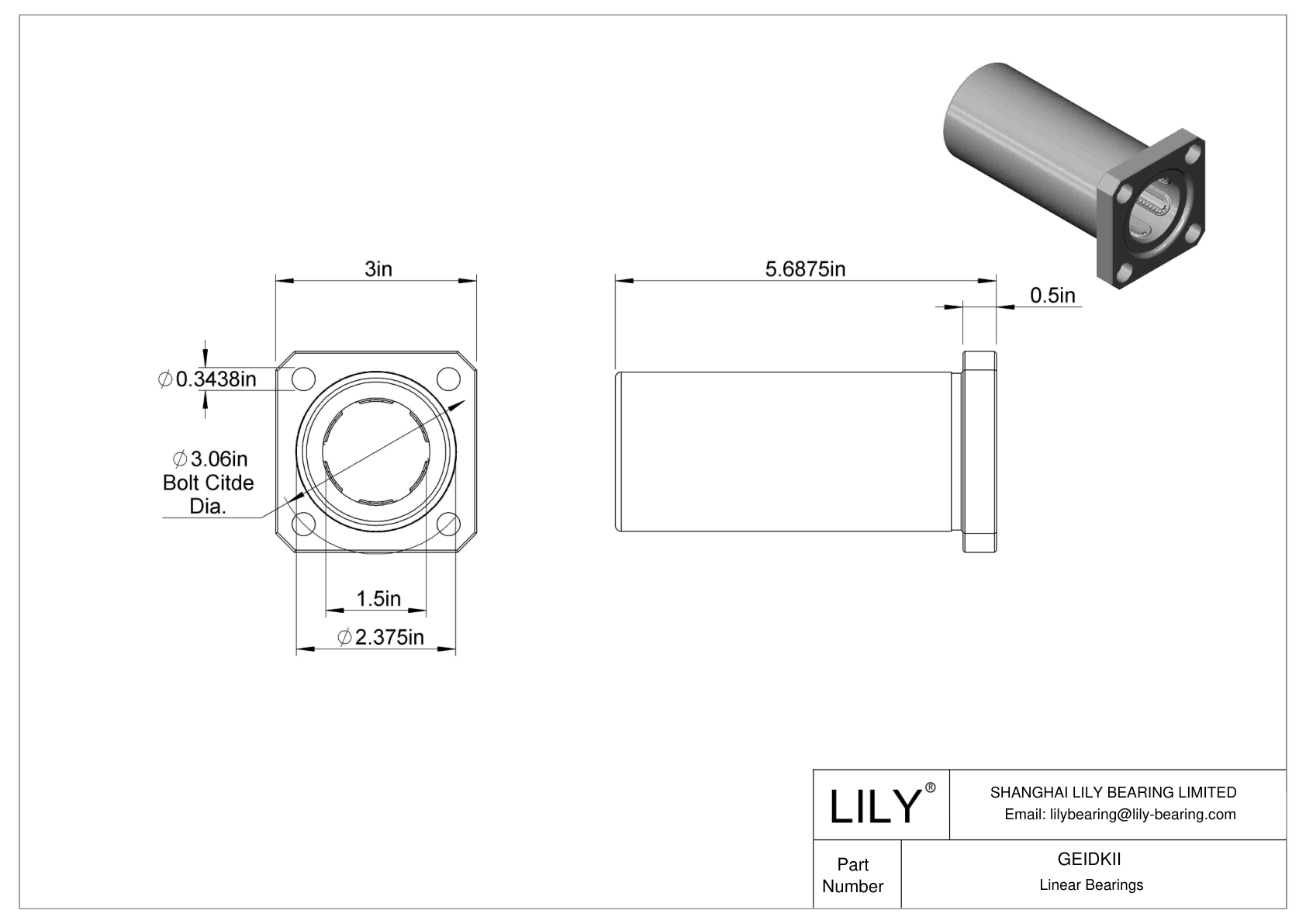 GEIDKII Flange-Mounted Linear Ball Bearings cad drawing