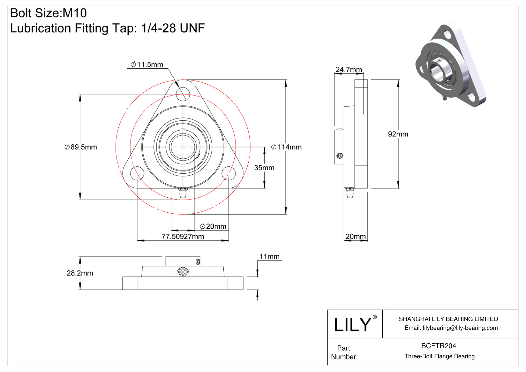 BCFTR204 Three-Bolt Flange Bearing Set Screw Locking cad drawing