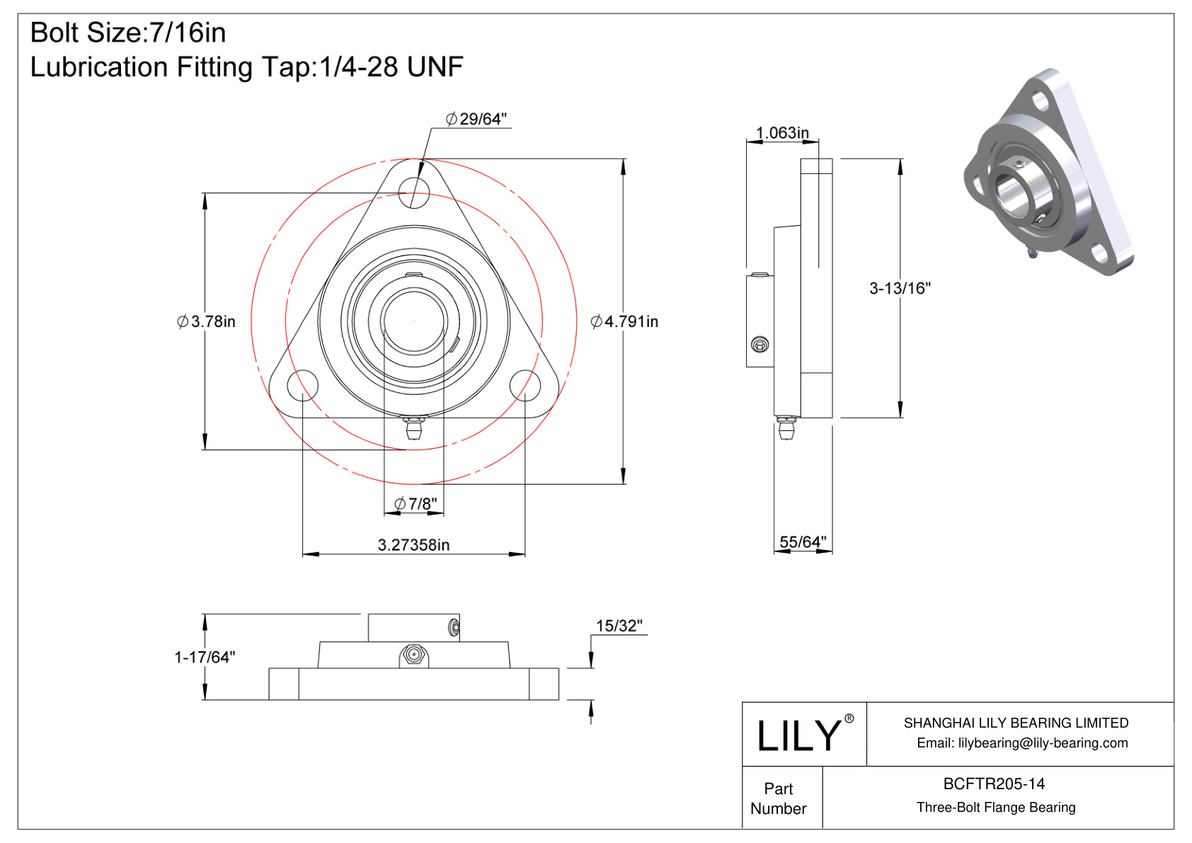 BCFTR205-14 Tornillo de fijación del cojinete de brida de tres pernos cad drawing