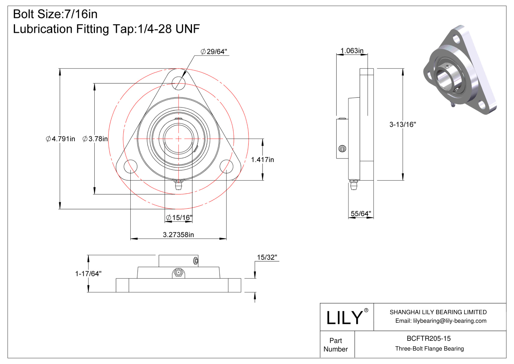 BCFTR205-15 Tornillo de fijación del cojinete de brida de tres pernos cad drawing