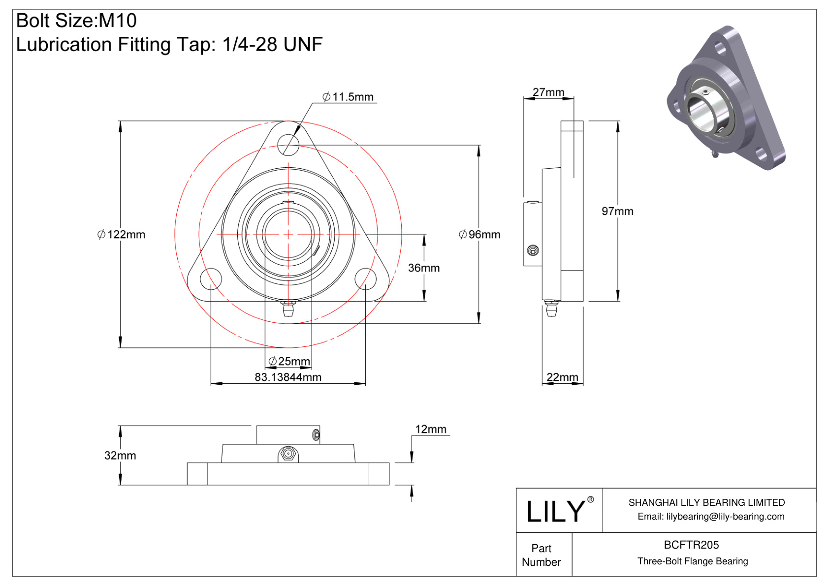 BCFTR205 Tornillo de fijación del cojinete de brida de tres pernos cad drawing