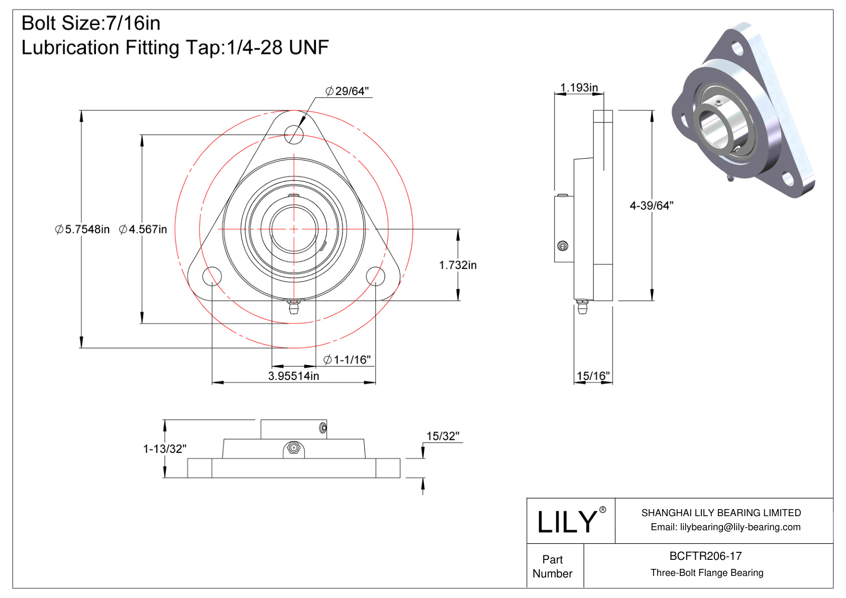 BCFTR206-17 Three-Bolt Flange Bearing Set Screw Locking cad drawing