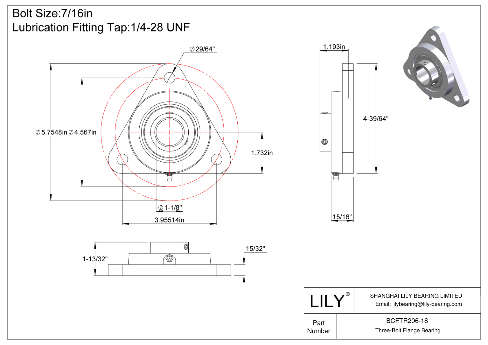 BCFTR206-18 Three-Bolt Flange Bearing Set Screw Locking cad drawing