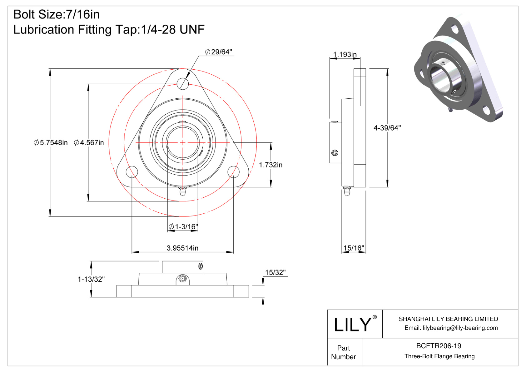 BCFTR206-19 Tornillo de fijación del cojinete de brida de tres pernos cad drawing