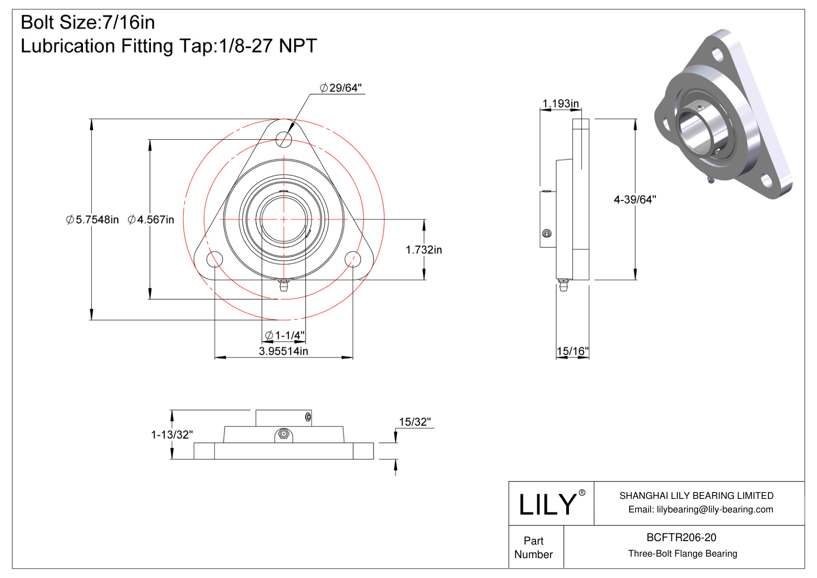 BCFTR206-20 Three-Bolt Flange Bearing Set Screw Locking cad drawing