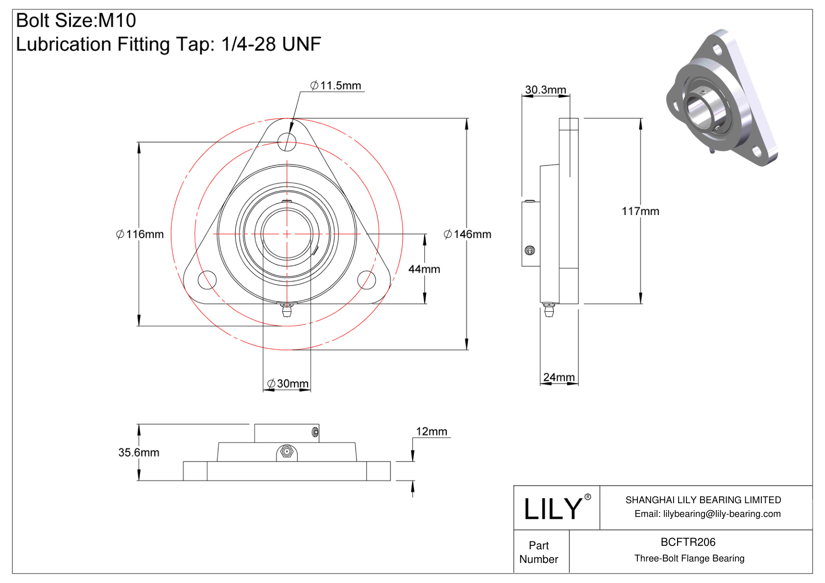 BCFTR206 Tornillo de fijación del cojinete de brida de tres pernos cad drawing