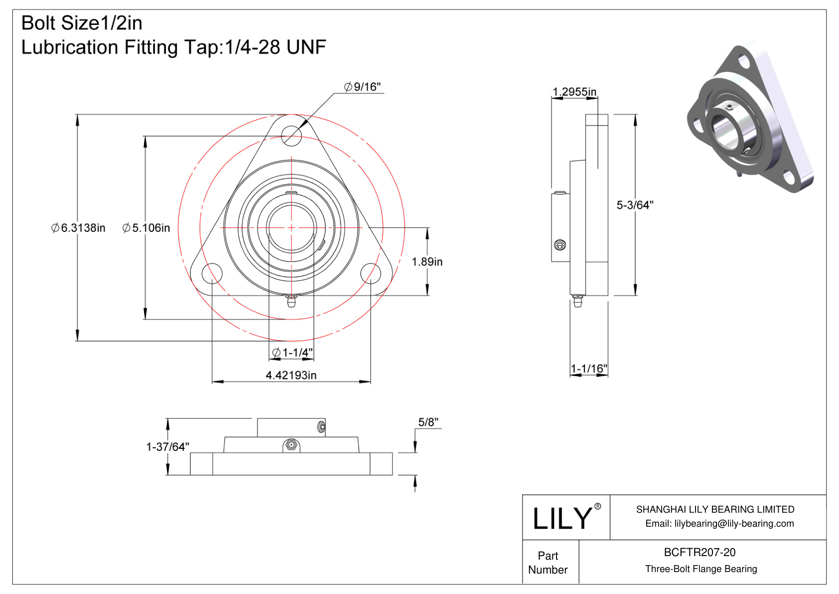 BCFTR207-20 Three-Bolt Flange Bearing Set Screw Locking cad drawing