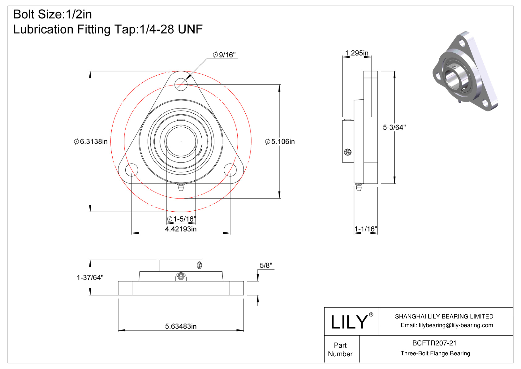 BCFTR207-21 Three-Bolt Flange Bearing Set Screw Locking cad drawing