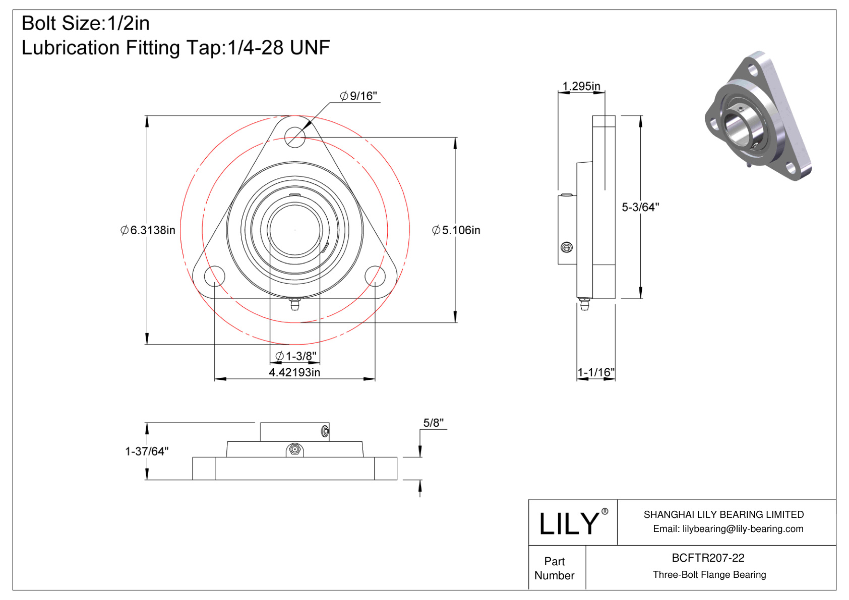 BCFTR207-22 Three-Bolt Flange Bearing Set Screw Locking cad drawing