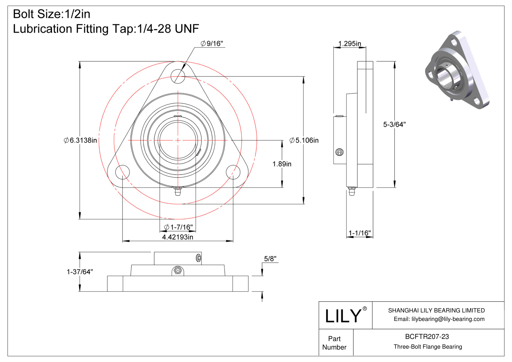 BCFTR207-23 Tornillo de fijación del cojinete de brida de tres pernos cad drawing