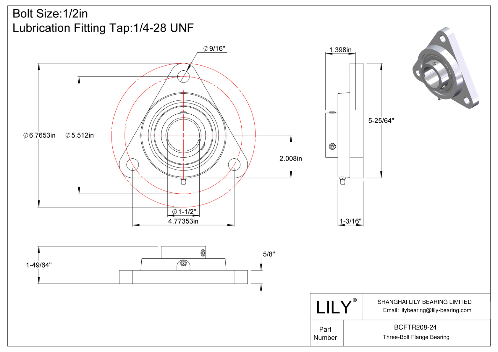 BCFTR208-24 Three-Bolt Flange Bearing Set Screw Locking cad drawing