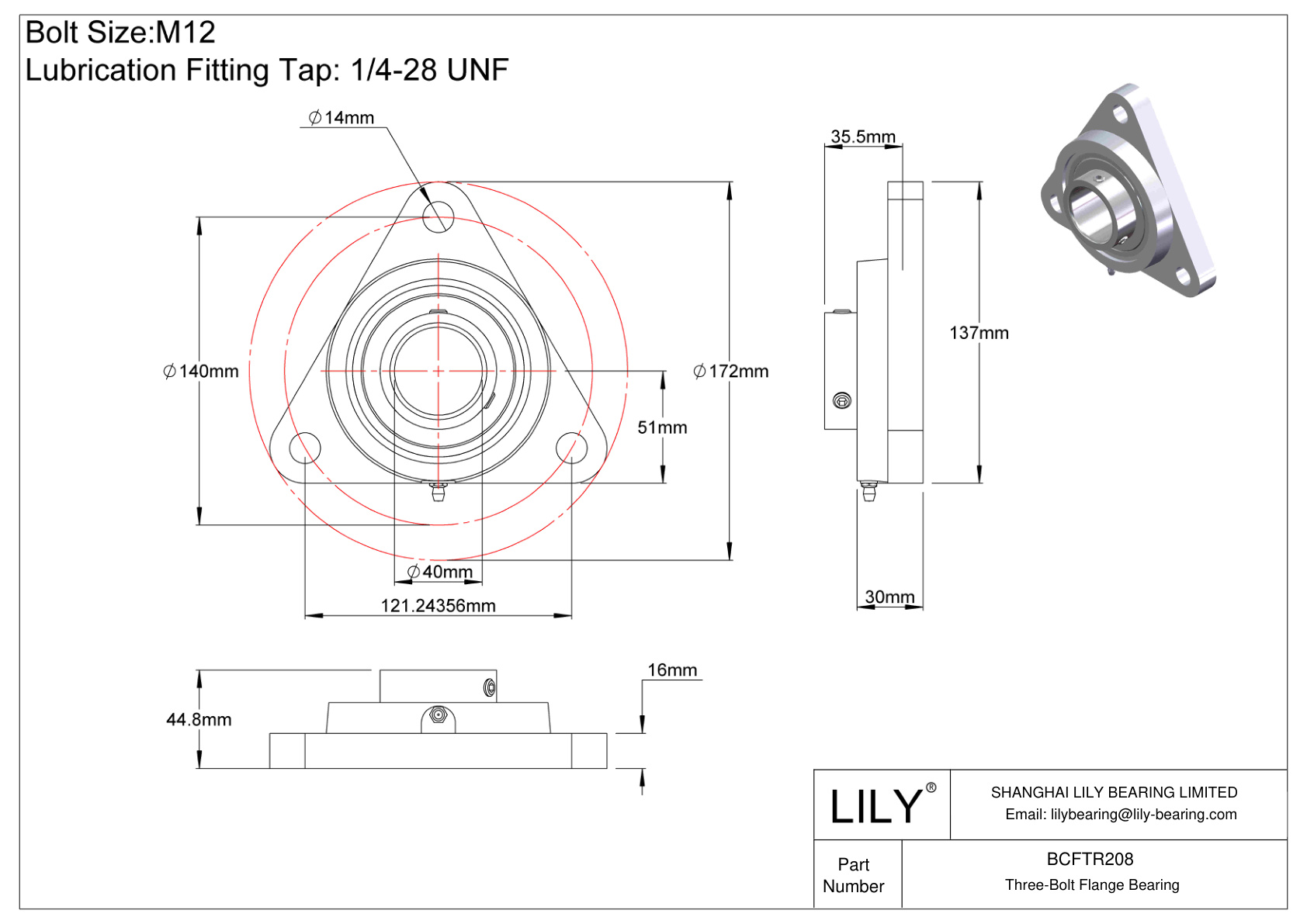 BCFTR208 Three-Bolt Flange Bearing Set Screw Locking cad drawing