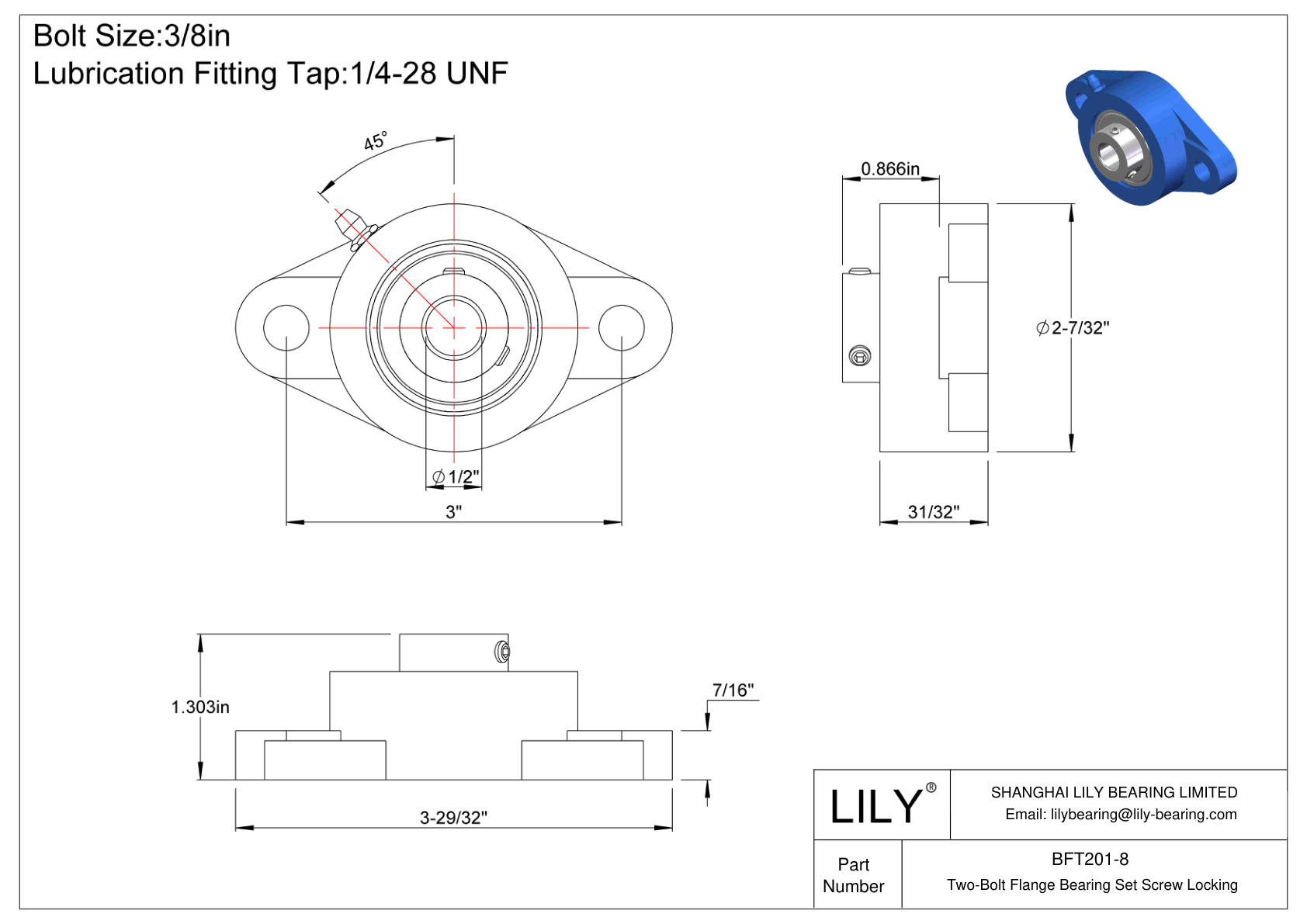 BFT201-8 Two-Bolt Flange Bearing Set Screw Locking cad drawing