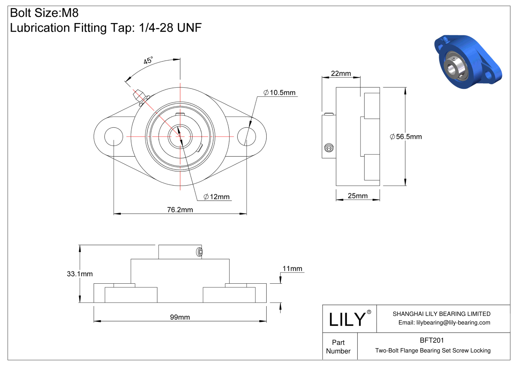 BFT201 Two-Bolt Flange Bearing Set Screw Locking cad drawing