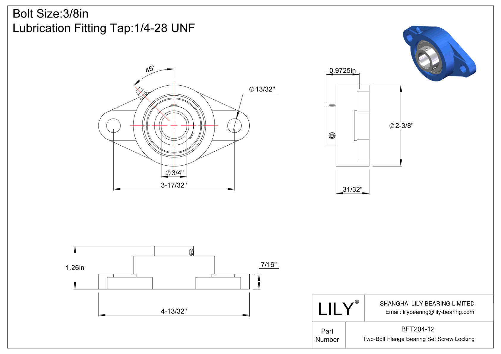 BFT204-12 Two-Bolt Flange Bearing Set Screw Locking cad drawing