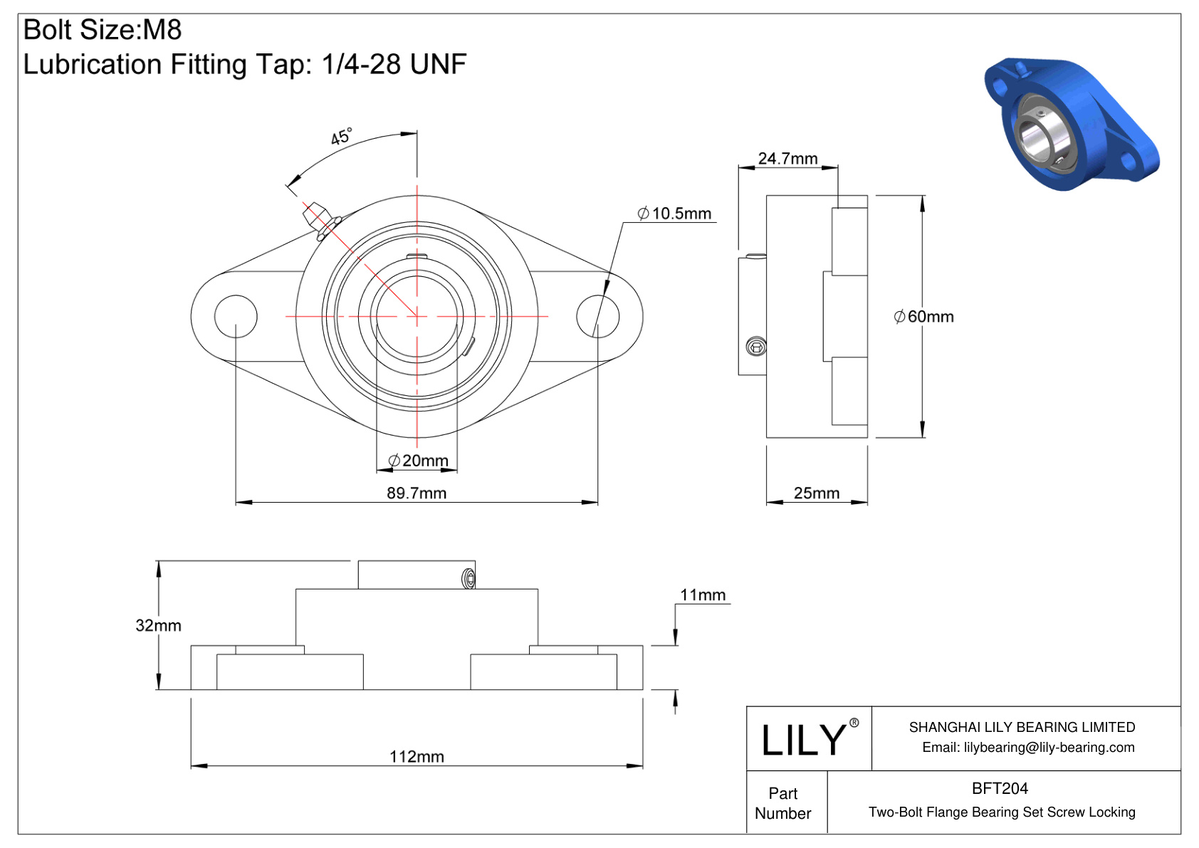 BFT204 Two-Bolt Flange Bearing Set Screw Locking cad drawing