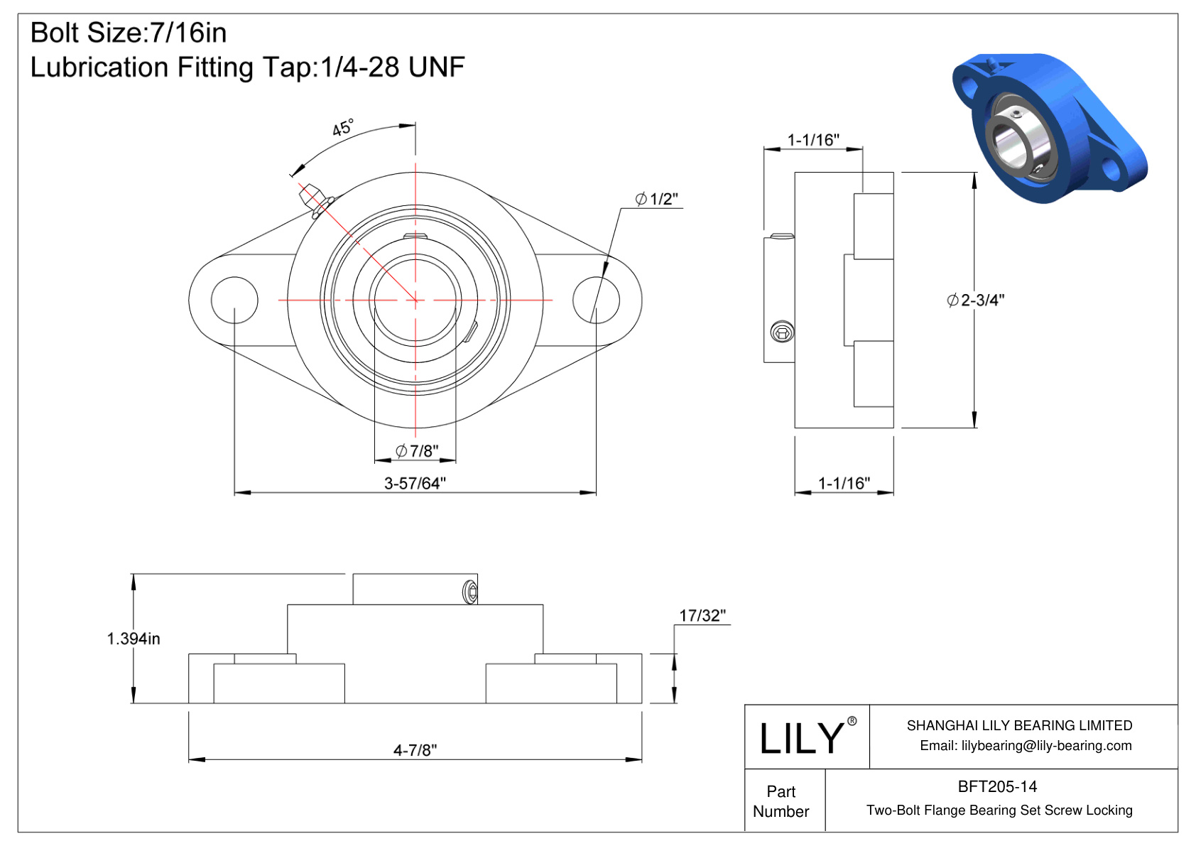 BFT205-14 Tornillo de fijación del cojinete de brida de dos pernos cad drawing