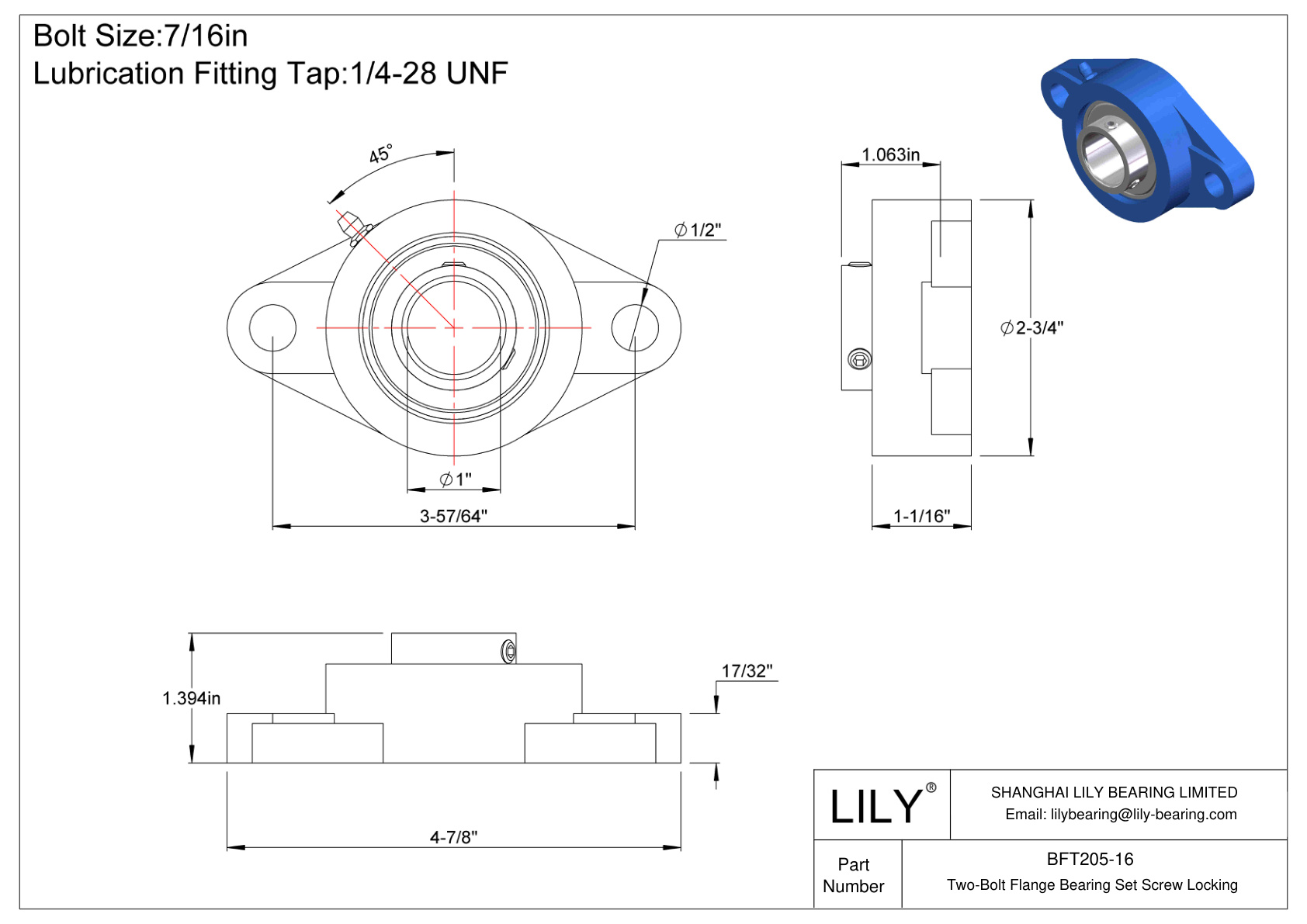 BFT205-16 Tornillo de fijación del cojinete de brida de dos pernos cad drawing