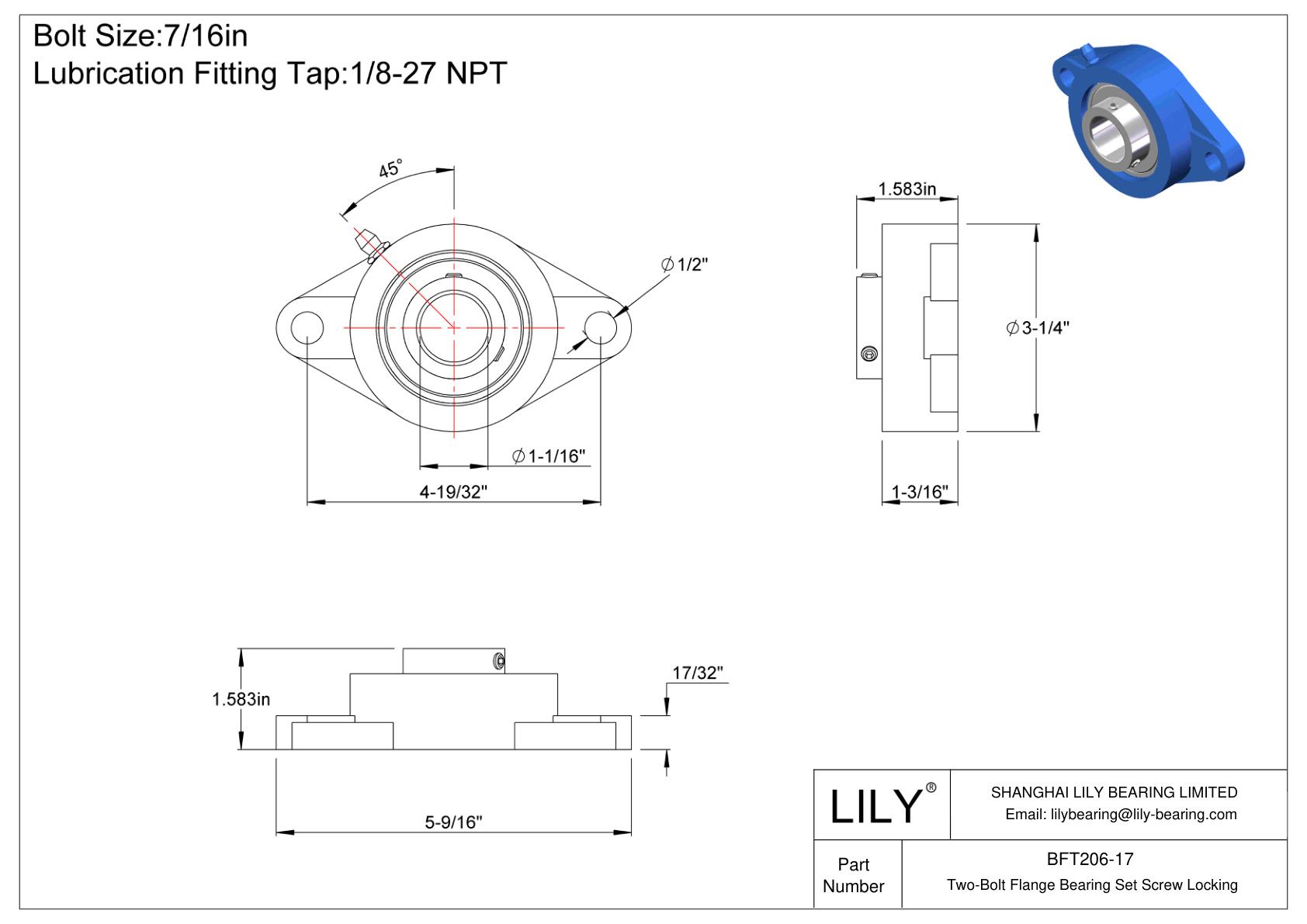 BFT206-17 双螺栓法兰轴承 固定螺钉锁定 cad drawing