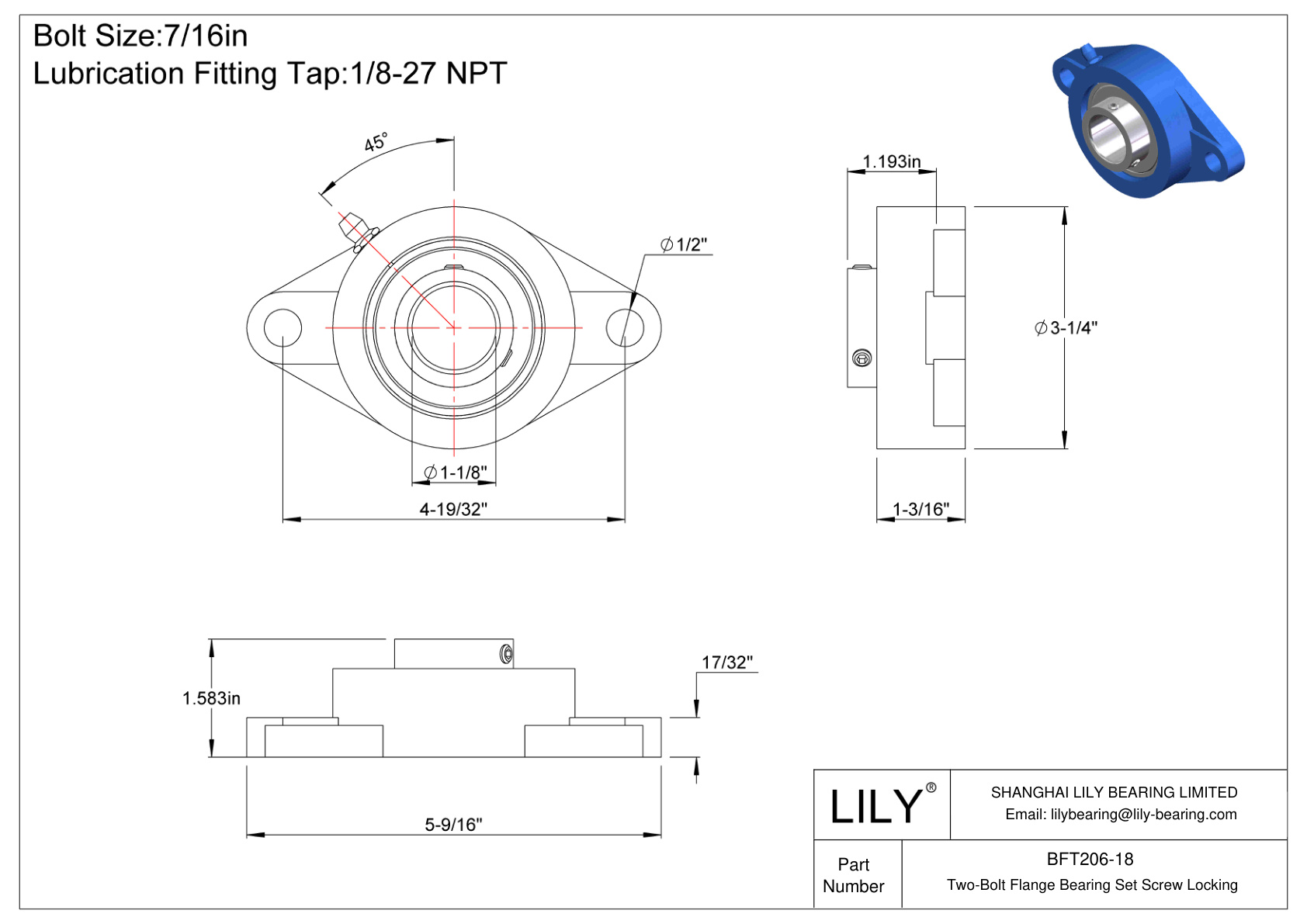 BFT206-18 双螺栓法兰轴承 固定螺钉锁定 cad drawing