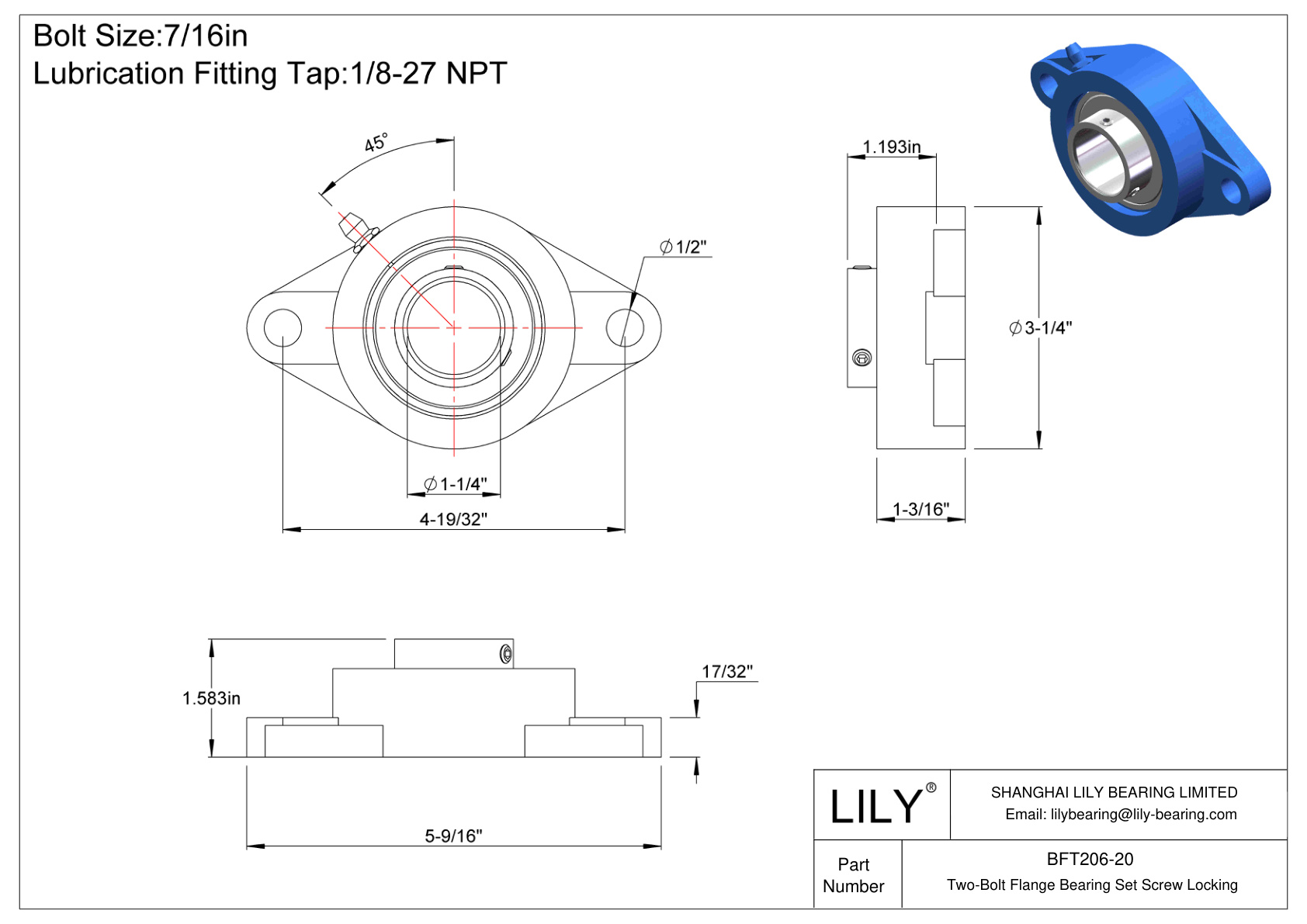 BFT206-20 Two-Bolt Flange Bearing Set Screw Locking cad drawing