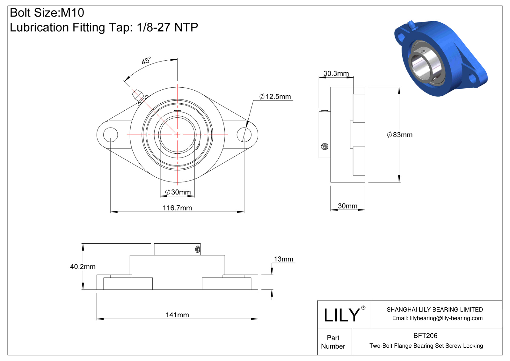 BFT206 Two-Bolt Flange Bearing Set Screw Locking cad drawing