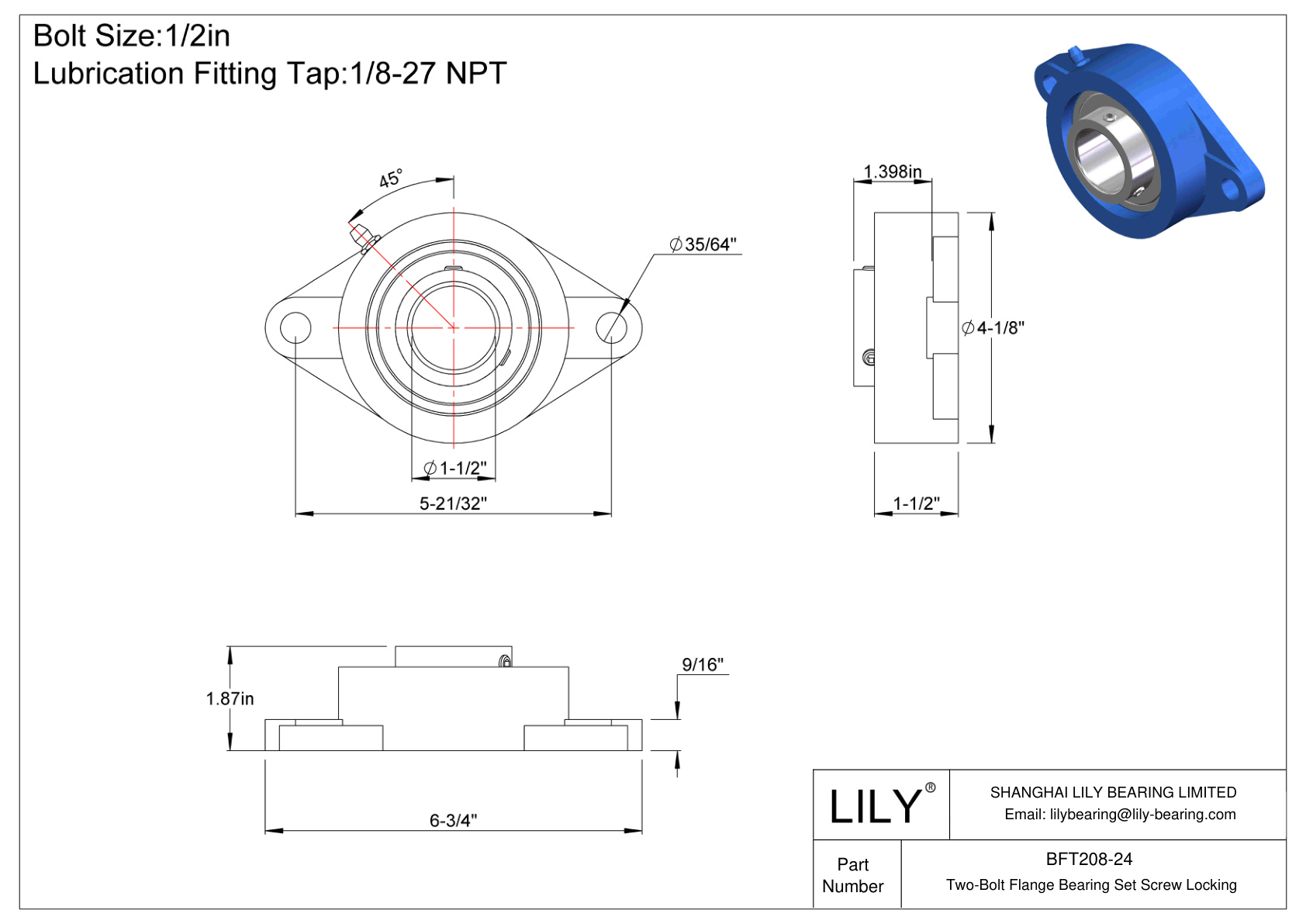 BFT208-24 Tornillo de fijación del cojinete de brida de dos pernos cad drawing