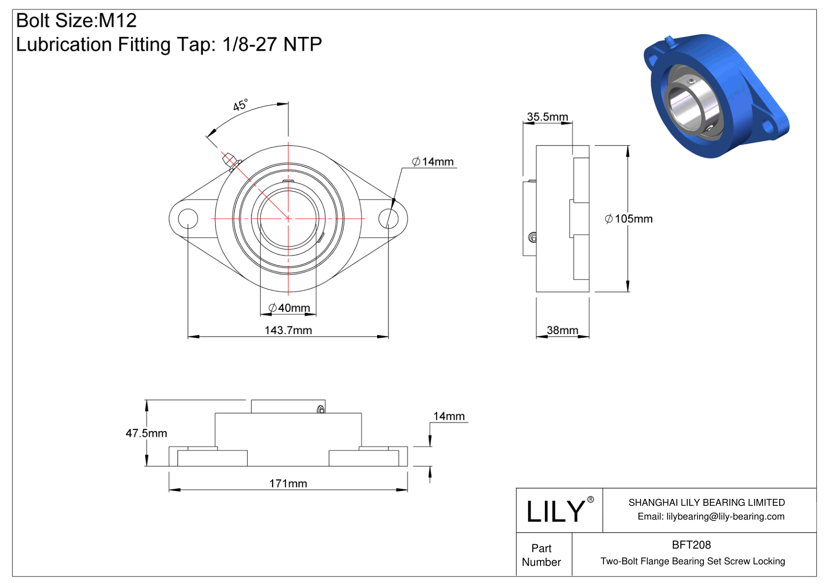 BFT208 Tornillo de fijación del cojinete de brida de dos pernos cad drawing